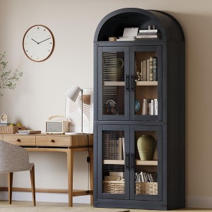72" Tall Arched Bookshelf Cabinet, Modern Farmhouse Wood Bookcase with 4 Glass Doors & Open Shelf - 1 of 4