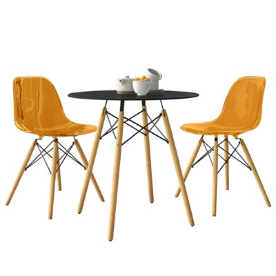 LeisureMod Dover 3-Piece Dining Set with Round Black MDF Top Bistro Table and 2 Plastic Chairs