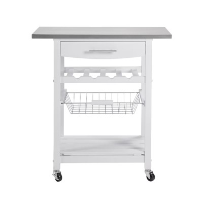 FONTOI Mobile Rolling Kitchen Island with Underneath Drawer, Trolley Serving Cart Slide-Out Wire Storage Basket, White, 15.75"*33.55"*30"