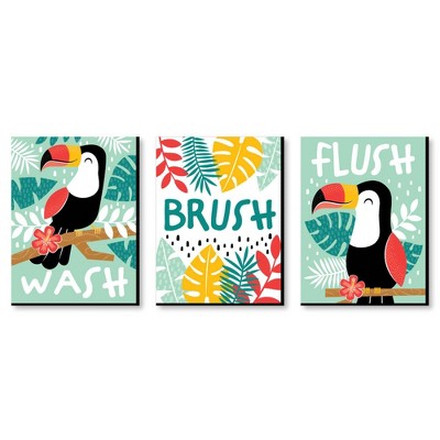 Big Dot of Happiness Calling All Toucans - Tropical Bird Kids Bathroom Rules Wall Art - 7.5 x 10 inches - Set of 3 Signs - Wash, Brush, Flush