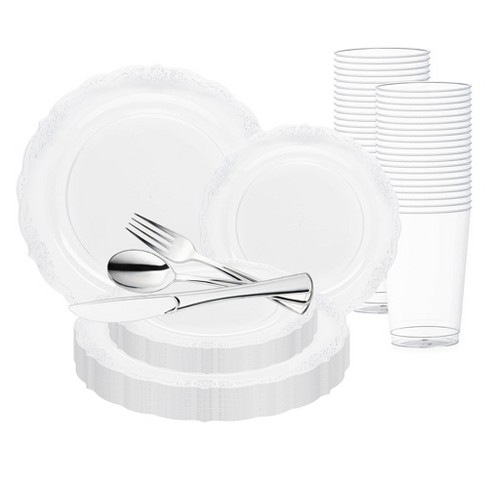 Smarty Had A Party Clear with Silver Vintage Rim Round Disposable Plastic Wedding Value Set (120 Settings) - image 1 of 1