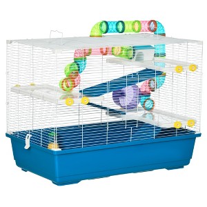 PawHut Extra Large 31" Hamster Cage with Tubes Tunnels, Portable Carry Handles, Rat House 4-Tier Design, with Wheel, Water Bottle, Food Dish, Blue - 1 of 4