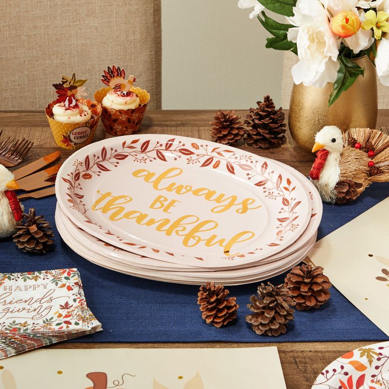 Sparkle and Bash 24-Pack Large Oval Thanksgiving Paper Plates, Heavy Duty Serving Plates with Fall Leaves, Pink with Gold Foil, 13x11 in, 3 of 8