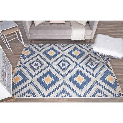 Soleil Diamond Print Stain-Resistant Area Rug, 2'x4', Blue and Yellow