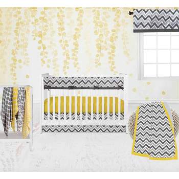 Bacati - Ikat Dots Giraffe Yellow Grey Neutral 10 pc Crib Set with Long Rail Guard Cover & 4 Muslin Swaddling Blankets