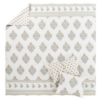 Kamira Gray and Cream Cotton Twin Reversible Quilt Set