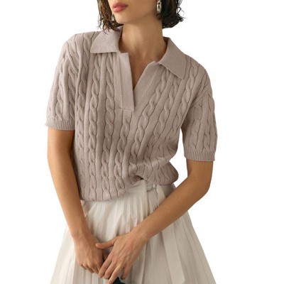 Women's Cable Short Sleeve Sweaters Tops Solid Lapel V Neck Cable Knit Casual Soft Pullover Shirt