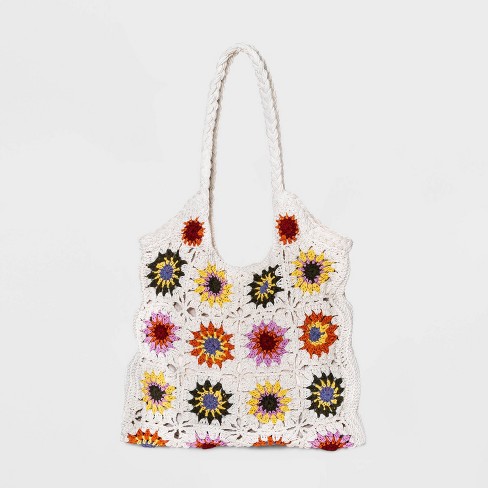 Women's Large Floral Pattern Embroidered Crochet Shoulder Strap Tote Hand Bag