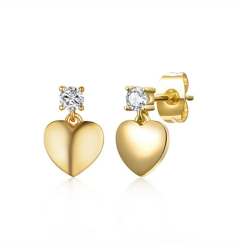 14k Yellow Gold Plated Cubic Zirconia Heart Dangle Earrings, 1 of 4