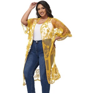 Anna-Kaci Women's Plus Size Lace Cardigan Short Sleeve Open Front Floral Crochet Long Duster - 1 of 4