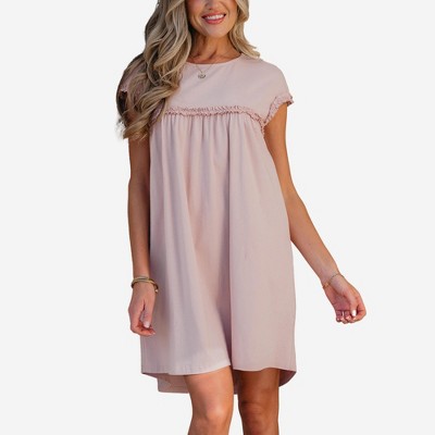 Amaryllis Women’s Ruffle Sleeve V Neck Mini Dress Tiered Hem Pink Green Leaf Print Relaxed Fit Lightweight