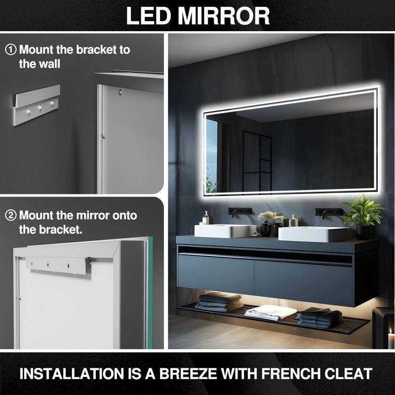 Neutypechic Modern Rectangular Bathroom Vanity Mirror with LED Lights and Anti-Fog Large Wall Mirror - 47"x24", 3 of 7