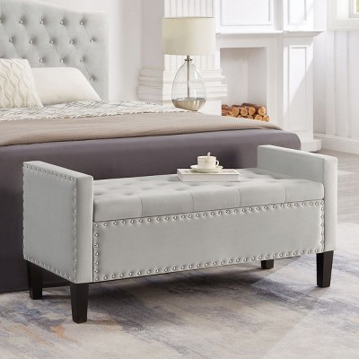 Upholstered Tufted Button Storage Bench with Nails Trim,Velvet Upholstered Entryway Bench Living Room Padded Seat with Armrest,Bed Bench-Cuddlewood