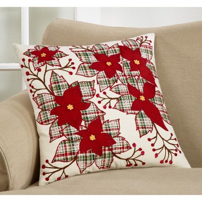 Red Plaid Poinsettia Down Filled Holiday Pillow, 20" Square