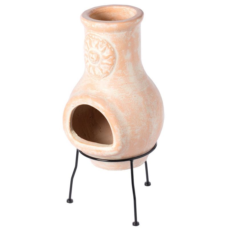 Vintiquewise Beige Outdoor Clay Chimney Outdoor Fireplace Sun Design Charcoal Burning Fire Pit with Sturdy Metal Stand, Barbecue,  Family Gathering, 4 of 7