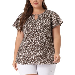 Agnes Orinda Plus Size Womens Tops Keyhole Flutter Short Sleeve Chiffon Floral Pattern - 1 of 4