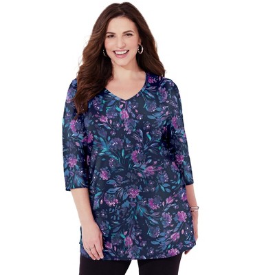 Catherines Women's Plus Size Easy Fit 3/4-Sleeve V-Neck Tunic