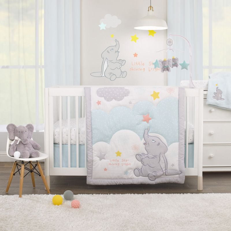 Disney Dumbo Shine Bright Lil Star Light Blue, Gray, and White Stars and Clouds 4 Piece Nursery Crib Bedding Set, 1 of 9