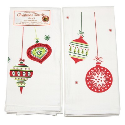 Decorative Towel 24.0" Vintage Shiny Ornaments Set/2 Christmas Brite Retro 100%  -  Kitchen Towel
