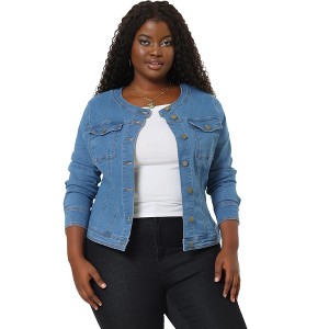 Agnes Orinda Women's Plus Size Long Sleeves Collarless Buttons Denim Jean Jackets - 1 of 4