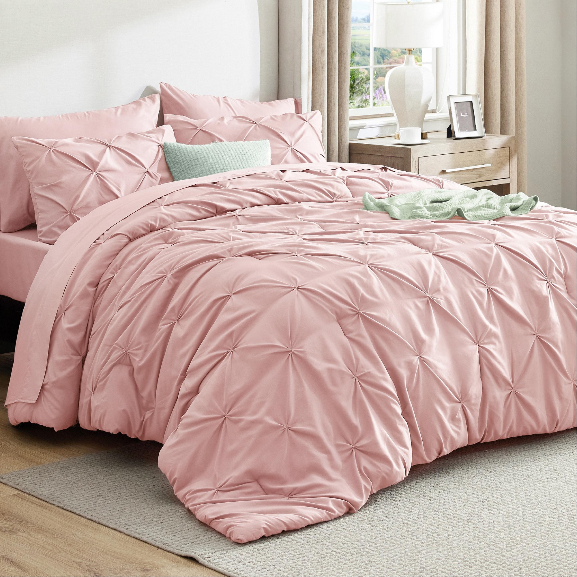 Bedsure Bed in a Bag Comforter Set with Sheets, 7pcs Solid Diamond Pintuck All-Season Bedding, Soft Pink Pinch Pleat King Bedding Set, Gift for Family