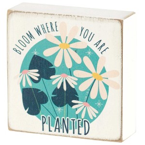 Dicksons Bloom Where You Are Planted Blue and White 3 x 3 Inch Wood Table Top Block Sign - 1 of 1