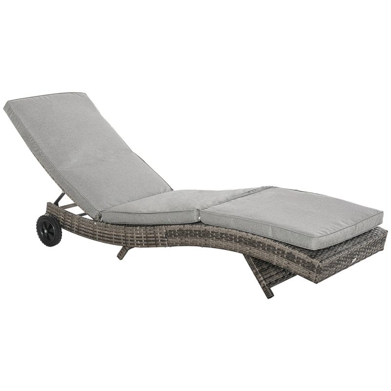 Outsunny Patio Wicker Cushioned Chaise Lounge Chair, Outdoor PE Rattan Sun lounger w/ 5-Level Adjustable Backrest & 2 Wheels for Easy Movement, 1 of 10