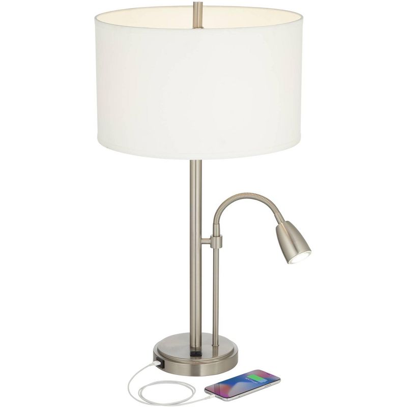Possini Euro Design Traverse Modern Table Lamps Set of 2 29 1/2" Tall Brushed Nickel with USB Charging Port LED Gooseneck White Drum Shade for Desk, 3 of 10