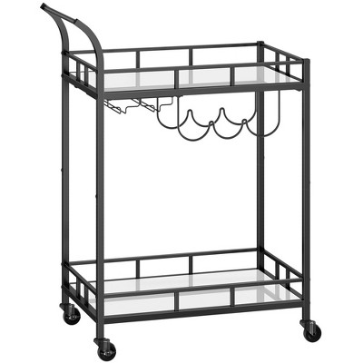 Black Steel Bar Cart with Mirrored Shelves and Wine Holders