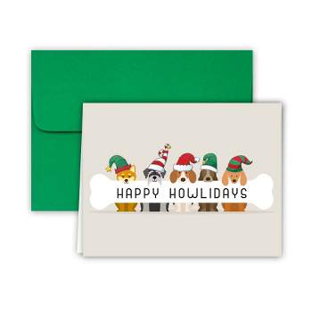Happy Howlidays Dog Themed Holiday Christmas Greeting Cards and Green Envelopes - 25 pack