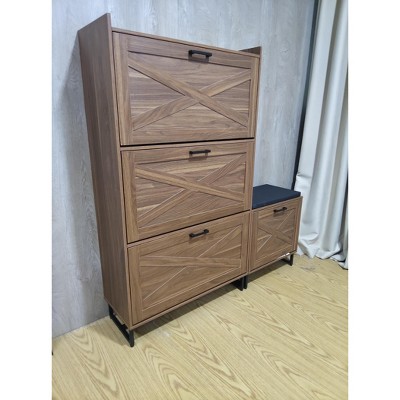 Hidden Shoe Storage with 4 Flip Drawers, Wooden Shoe Organizer Cabinet with Farmhouse Doors