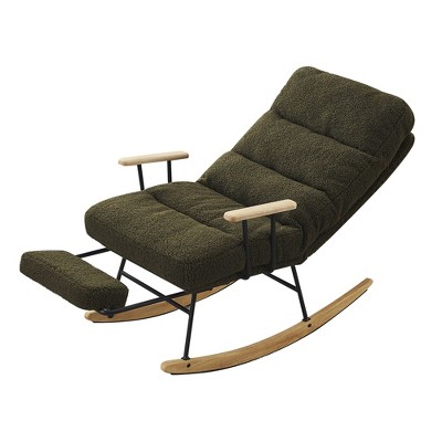 NicBex Teddy Fabric Glider Rocking Chair,Upholstered Nursery Rocking Chair with High Backrest and Retractable Footrest,Nursing Chair for Bedroom,Green