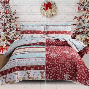 Reversible Xmas Quilts, Full/Queen Size, Christmas Bedding, Bedspread, Lodge Cabin Moose Coverlet, Red Blue Stripe Quilt Set - 1 of 4
