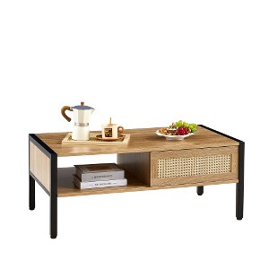 LIVAREEmlen 40.16" Rattan Coffee table, sliding door for storage, metal legs, Modern table for living room , natural - 1 of 4