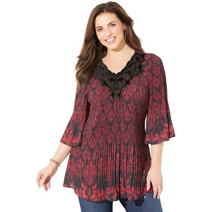 Catherines Women's Plus Size Velvet Trim Pleated Blouse - 1 of 4