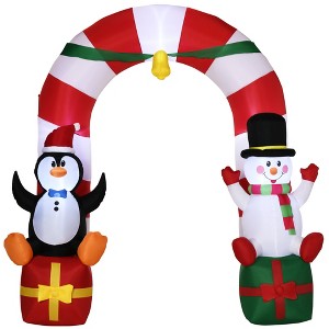Outsunny 9ft Christmas Inflatables Outdoor Decorations Candy Cane Archway with Penguin Snowman Sit on Gift Box, Blow-Up LED Yard Christmas Decor - 1 of 4