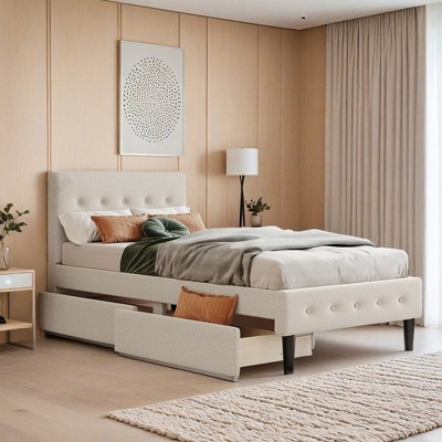 Twin Size Upholstered Platform Bed with 2 Drawers - Leovsnove