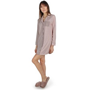 Memoi Women's Colorblock Modal Button-Down Nightshirt - 1 of 4