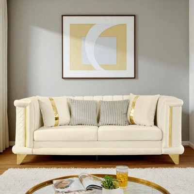 89" Velvet 3-Seater Luxury Sofa with Gold Stainless Steel Trims, Embroidered Texture, and Plush Pillows, Victorian Tufted Couch for Living Room