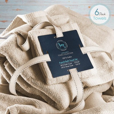 Beige Cotton 6-Piece Bath and Washcloth Towel Set
