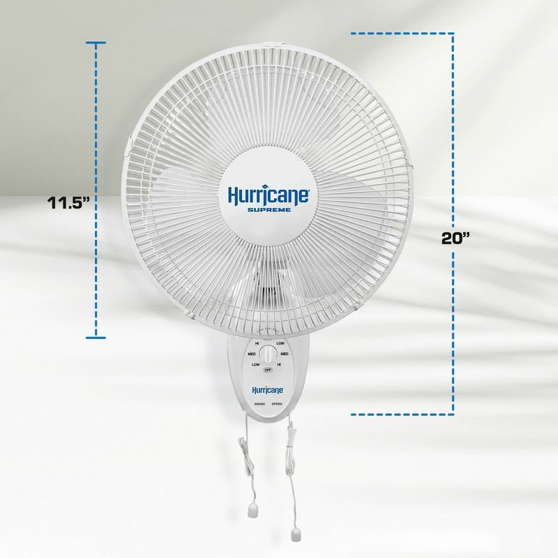 Hurricane Supreme 12 Inch 90 Degree Oscillating Indoor Wall Mounted 3 Speed Fan with Adjustable Tilt and Pull Chain Control, White (2 Pack), 4 of 7