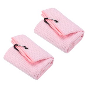 Unique Bargains Super Absorbent Waffle Pattern Tri-Fold Golf Towels with D Clips 2 Pcs - 1 of 4