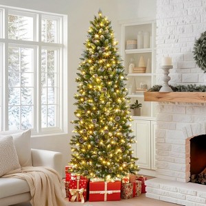 6-12ft Artificial Christmas Tree with Fervent Warm White Lights, Xmas Slim Tree with Pine Cone & Foldable Stand, Decoration for Festival, Party, Home - 1 of 4