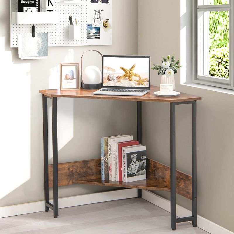 Costway Triangle Computer Desk Corner Desk Home Office with Power Outlets USB Ports Black/Rustic, 3 of 11