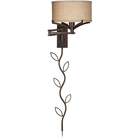 Franklin Iron Works Tremont Farmhouse Rustic Swing Arm Wall Lamp with Cord  Cover Bronze Metal Plug-in Light Fixture Tan Burlap Drum Shade for Bedroom