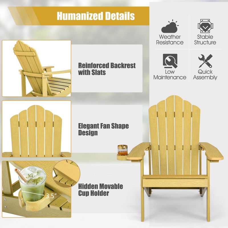 Costway Adirondack Chair HIPS Adirondack Chair with Cup Holder & Cushion Black/Green/Navy/Grey/White/Yellow, 5 of 9