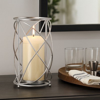 Sagebrook Home Decorative Hurricane Pillar Candle Holder, Removable Glass Hurricane, Home or Wedding Decor, Metal, Silver, 7 L x 7 W x 13 H Inches