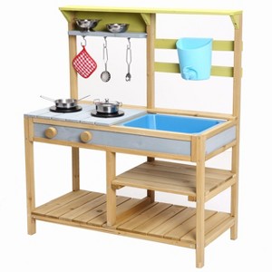 Wood Color Kids Play Kitchen ¨C Outdoor Wooden Pretend Play Kitchen Set with Removable Sink & Faucet for Toddlers Age 3+ (1-Piece) - 1 of 4