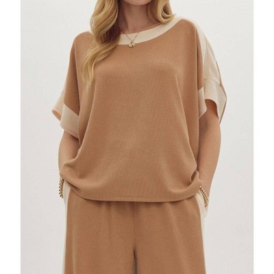 Women's Solid Ribbed Contrast Trim Boatneck Top - entro