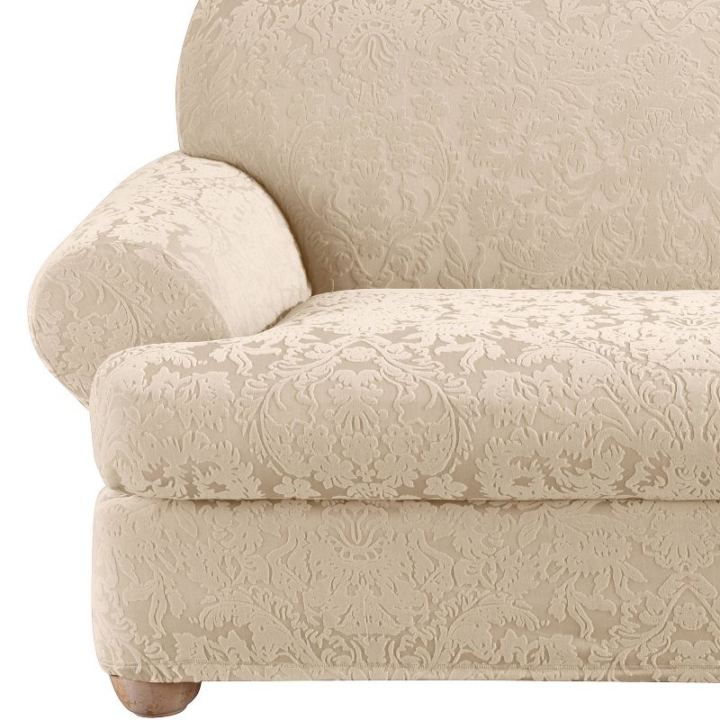2pc Stretch Jacquard Damask T Cushion Loveseat Slipcovers Oyster - Sure Fit, 3 of 7
